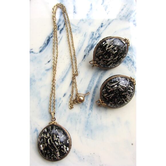 HILLCRAFT Vintage MCM Pendant Necklace & Earrings Confetti Gold Filled Set - Picture 1 of 2